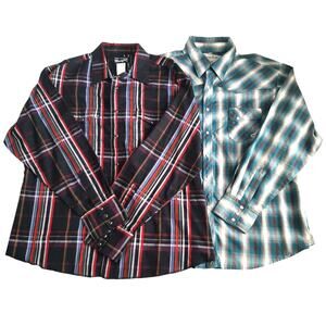 2 Wrangler Western Shirts Pearl Snap long sl Mens Size XL Wrancher stripe plaid